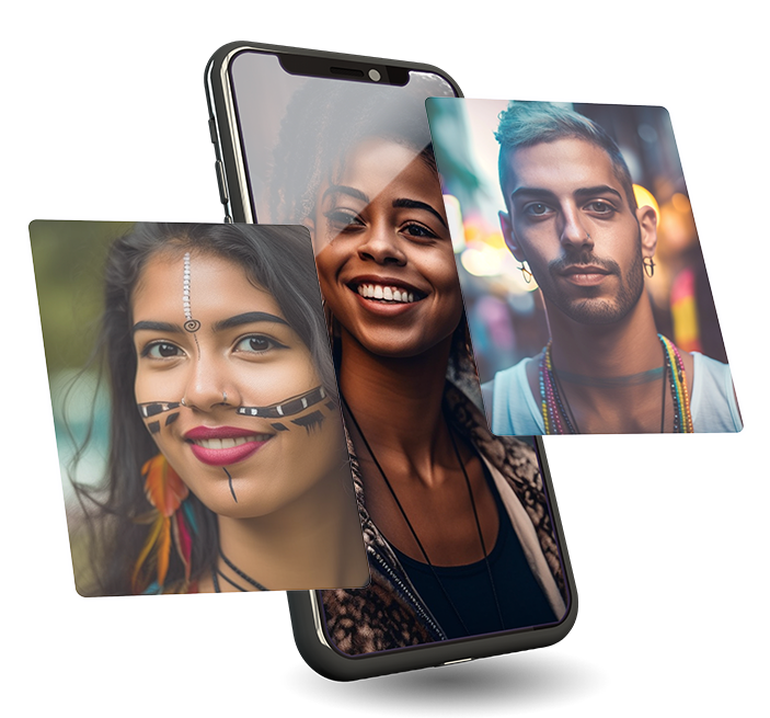 3 fotos que representam um pouco da diversidade de jovens brasileiros sendo uma mulher indígena, uma mulher preta e também um rapaz LGBTQIAP+ aplicados dentro de quadros e em um celular.